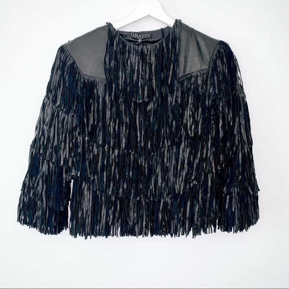 GRAYSE Jackets & Blazers - GRAYSE Black Leather Fringed Jacket size small NWT